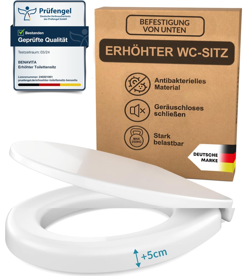 BENAVITA WC sedadlo so zvýšenou polohou 5 cm z duroplastu – toaletný nadstavec s montážou zospodu