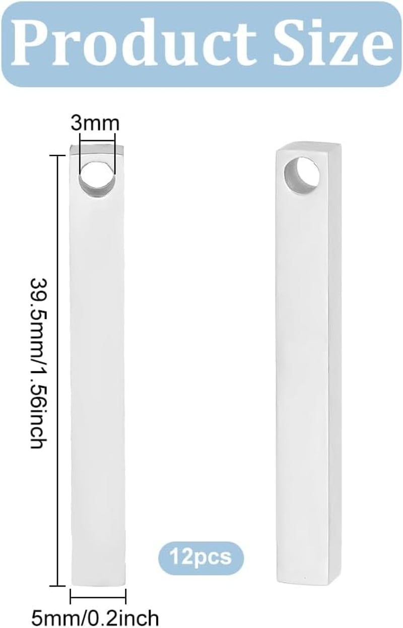 BENECREAT 12 db rozsdamentes acél téglalap gravírozható medál nyaklánc, karkötő és névtábla készítéséhez, 39,5 x 5 x 5 mm