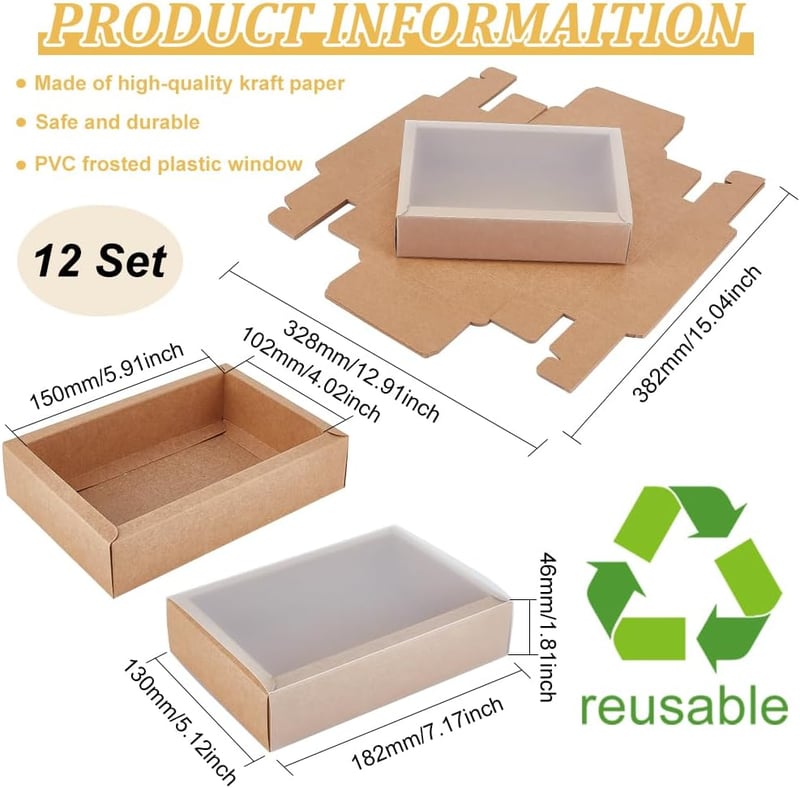 BENECREAT Kraft Papír Ajándékdoboz Szett 12 db - Átlátszó Fedéllel és Matt PVC Ablakkal, 130x182x46 mm, Ékszerekhez, Partikhoz