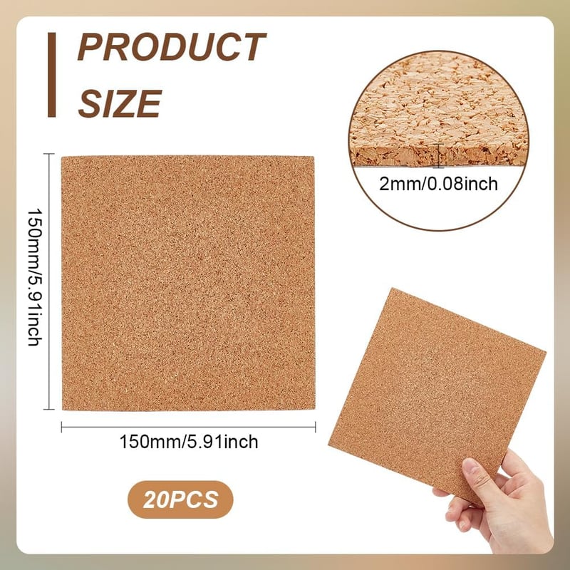 BENECREAT Öntapadós Parafa Tábla Szett 20db - 15x15cm, 2mm Vastag Természetes Parafa Alátét Dekorációhoz, Üzenőtáblához, Barkácsoláshoz