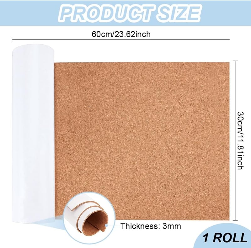 BENECREAT Öntapadós Parafa Tekercs 300x600mm - 3mm Vastag Hőszigetelő Parafatábla Faldekorációhoz, Barkácsoláshoz és DIY Projektekhez