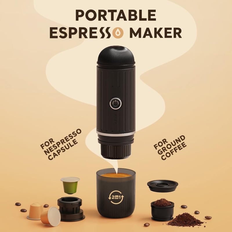 BENFUCHEN Hordozható Elektromos Eszpresszó Gép - USB-C Töltésű Kávéfőző Utazáshoz, Kempingezéshez, 19 Bar, Őrölt Kávéhoz és Nespresso Kapszu