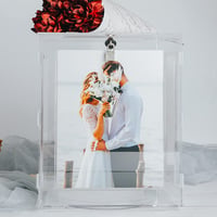Akrylová svadobná krabica na karty Benjia s fotorámikom na fotky 15x20 cm, veľká krabica na darčekové karty a peňažné dary so zámkom a otvorom, na narodeniny a výročia 2