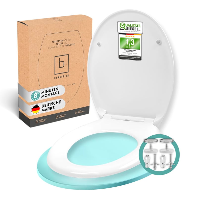 Prémiová WC doska Benkstein oválna, biela, antibakteriálny duroplast, s funkciou pomalého sklápania (Soft-Close) a rýchleho uvoľnenia (Quick-Release), pánty z nehrdzavejúcej ocele, odnímateľná, nosnosť 150 kg