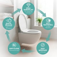 Prémiová WC doska Benkstein oválna, biela, antibakteriálny duroplast, s funkciou pomalého sklápania (Soft-Close) a rýchleho uvoľnenia (Quick-Release), pánty z nehrdzavejúcej ocele, odnímateľná, nosnosť 150 kg 2