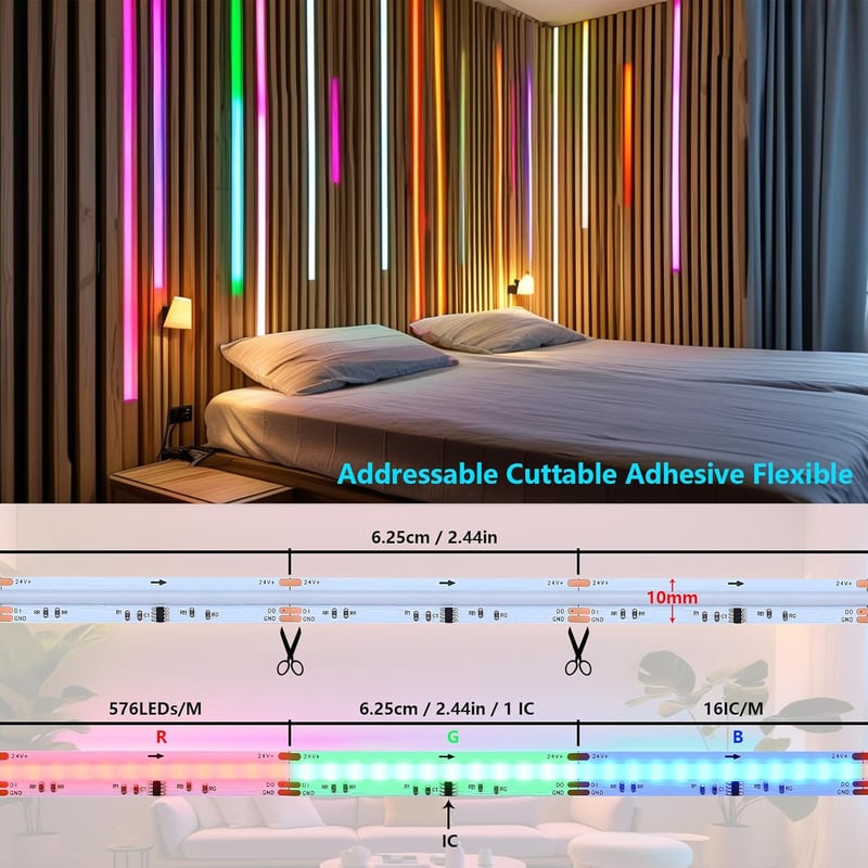 BENLUN 24V WS2811 COB LED szalag 20m RGB IC távirányítóval szobadekoráció