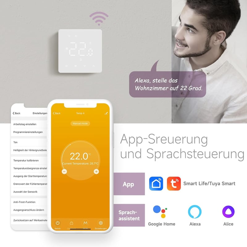 BEOK CONTROLS Digitális Termosztát Gázkazánhoz WiFi Okos Szobatermosztát Padlófűtéshez Alexa Google Home Kompatibilis Fehér