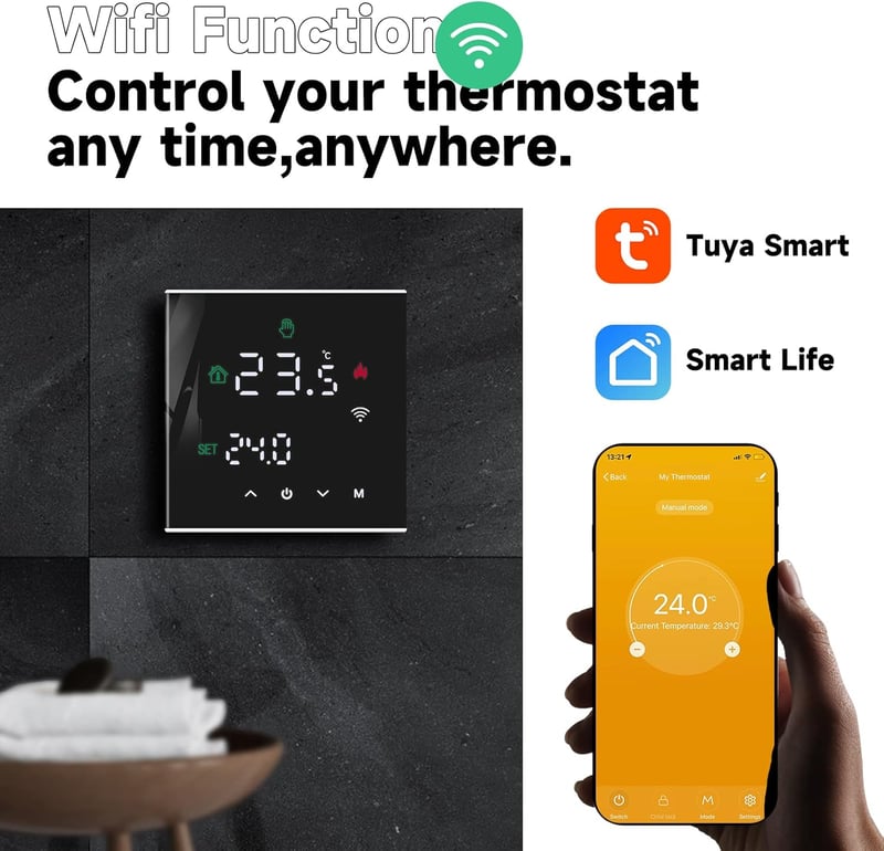 BEOK CONTROLS Okos Termosztát Padlófűtéshez WiFi Programozható Szobatermosztát Tuya Alexa Google Home Fekete TGW60B