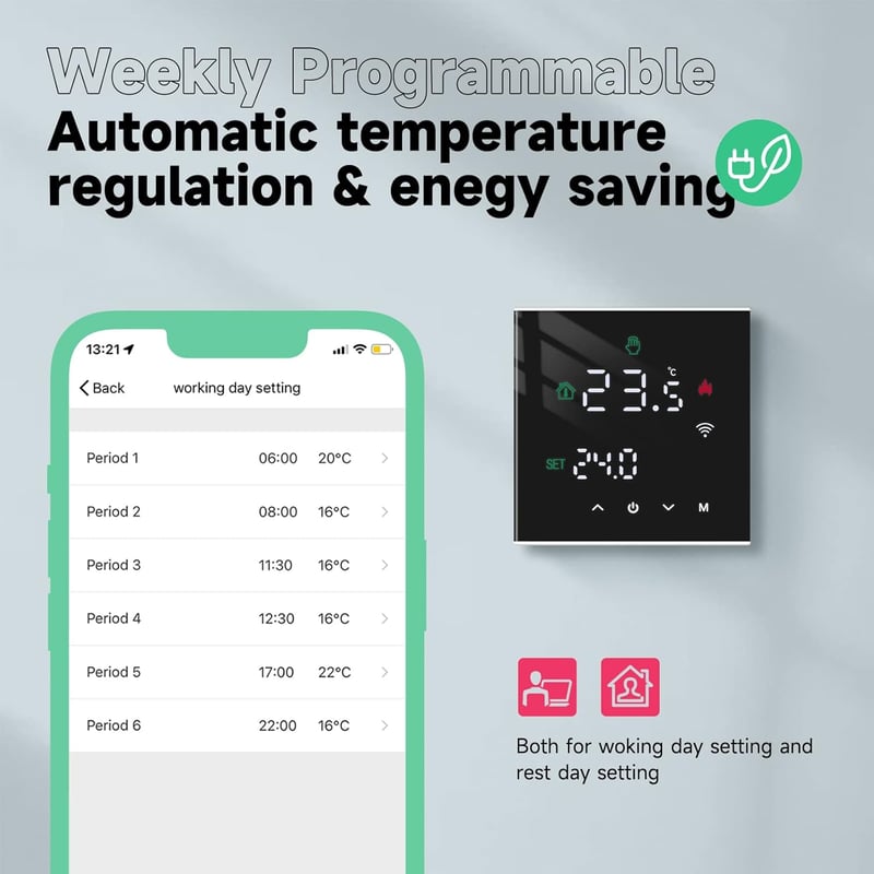 BEOK CONTROLS Okos Termosztát Padlófűtéshez WiFi Programozható Szobatermosztát Tuya Alexa Google Home Fekete TGW60B