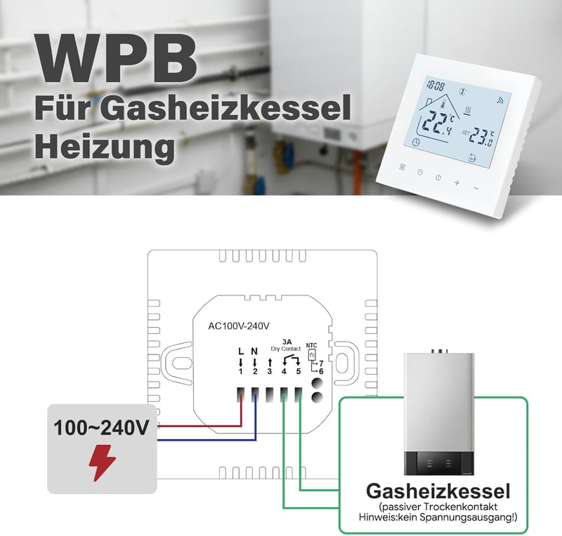 BEOK CONTROLS Okos Termosztát WiFi Kazán Fűtés Programozható Szobatermosztát Padlófűtés LCD Kijelző Fehér