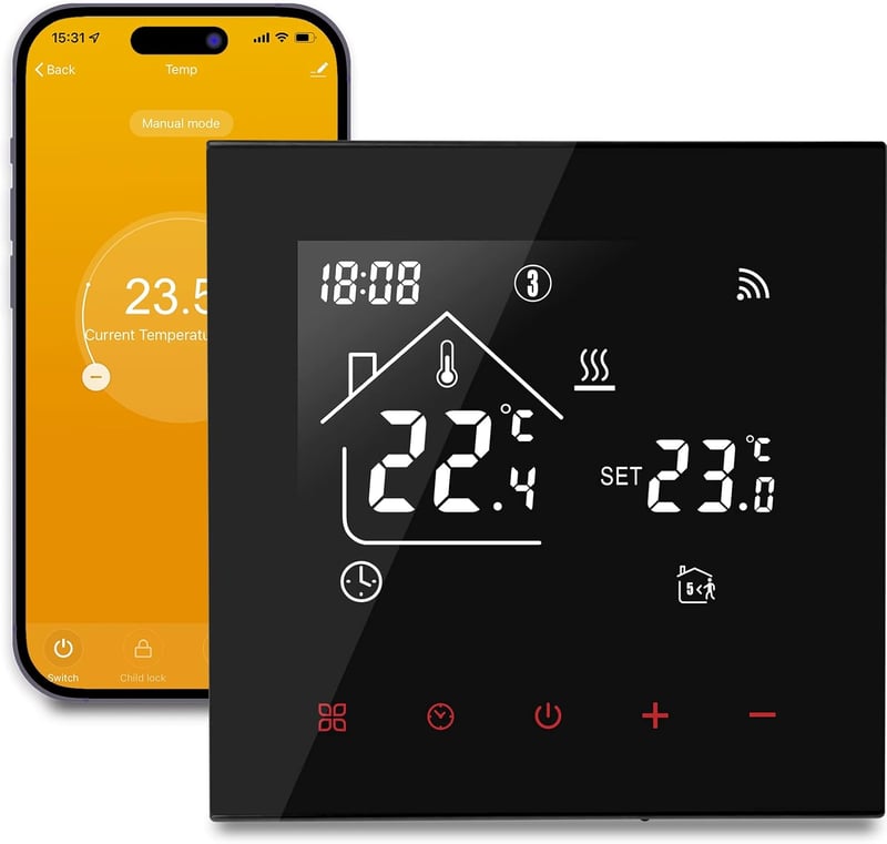 BEOK CONTROLS Okos Termosztát WiFi Kazán Padlófűtés Programozható Szobatermosztát LCD Kijelző Alexa Tuya App Fekete