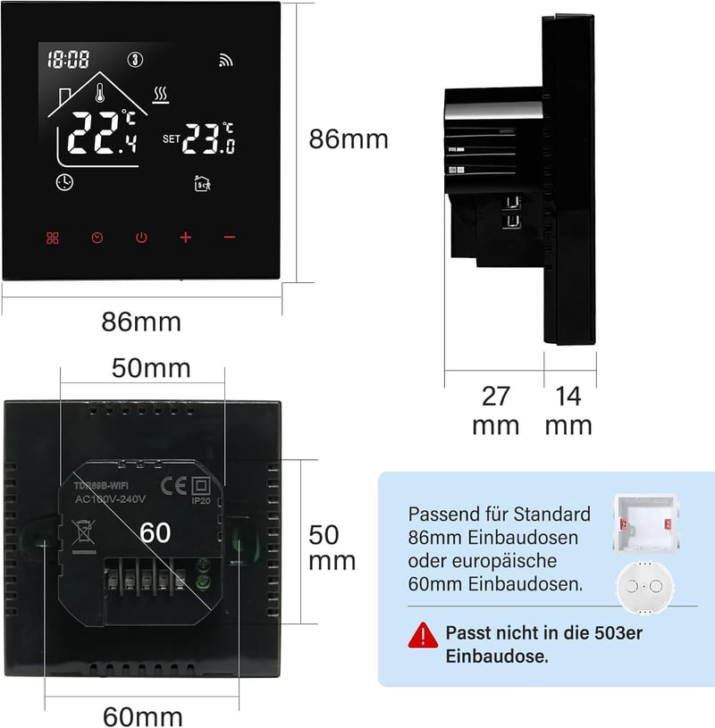 BEOK CONTROLS Okos Termosztát WiFi Kazán Padlófűtés Programozható Szobatermosztát LCD Kijelző Alexa Tuya App Fekete