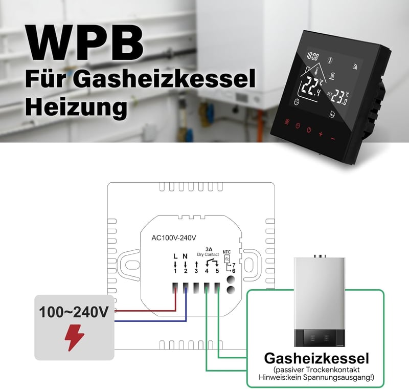 BEOK CONTROLS Okos Termosztát WiFi Kazán Padlófűtés Programozható Szobatermosztát LCD Kijelző Alexa Tuya App Fekete