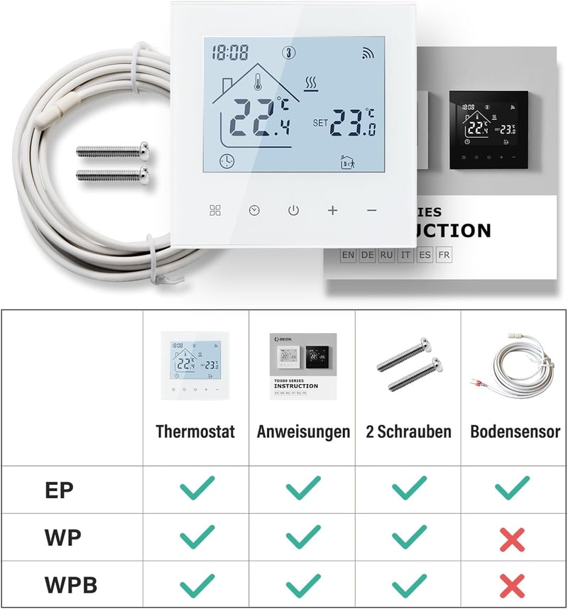 BEOK CONTROLS Okos Termosztát WiFi Programozható Padlófűtés Szabályozó 230V Fehér Alexa Kompatibilis Szenzorral