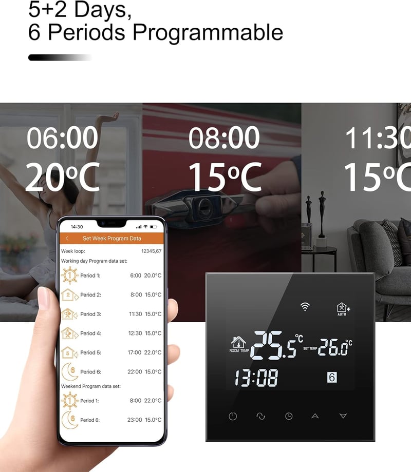 BEOK CONTROLS Programozható padlófűtés vízhőmérséklet vezérlő üveg érintő termosztát okostelefonos online távirányító AC230V 3A fekete 2 cso