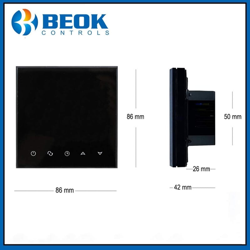 BEOK CONTROLS Programozható padlófűtés vízhőmérséklet vezérlő üveg érintő termosztát okostelefonos online távirányító AC230V 3A fekete 2 cso