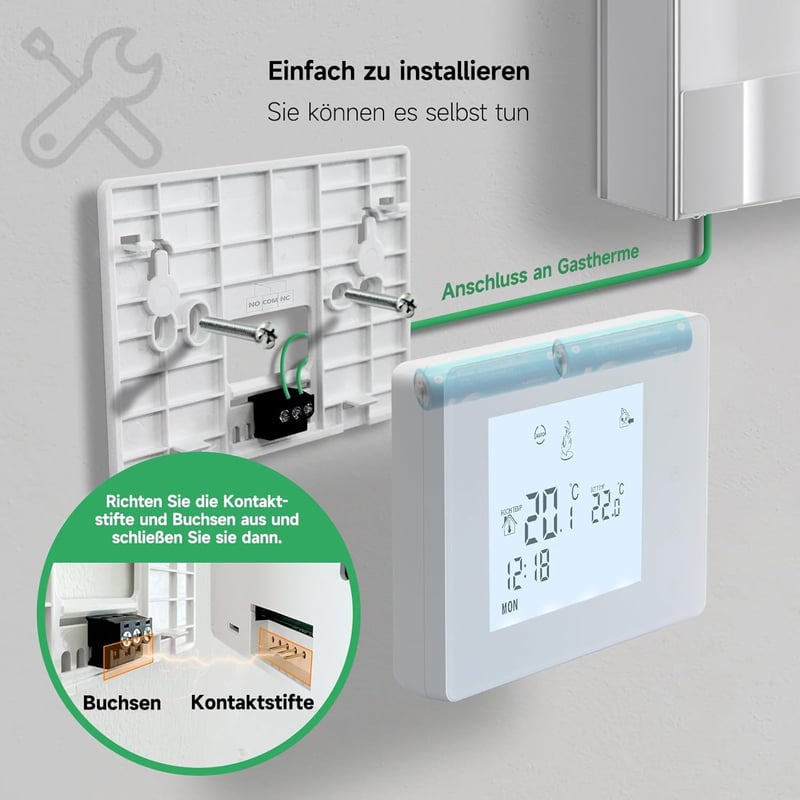BEOK CONTROLS Programozható Szobatermosztát Gázkazán Vezérléshez, Digitális Fűtés Termosztát Háttérvilágítással, Fehér BOT-W306