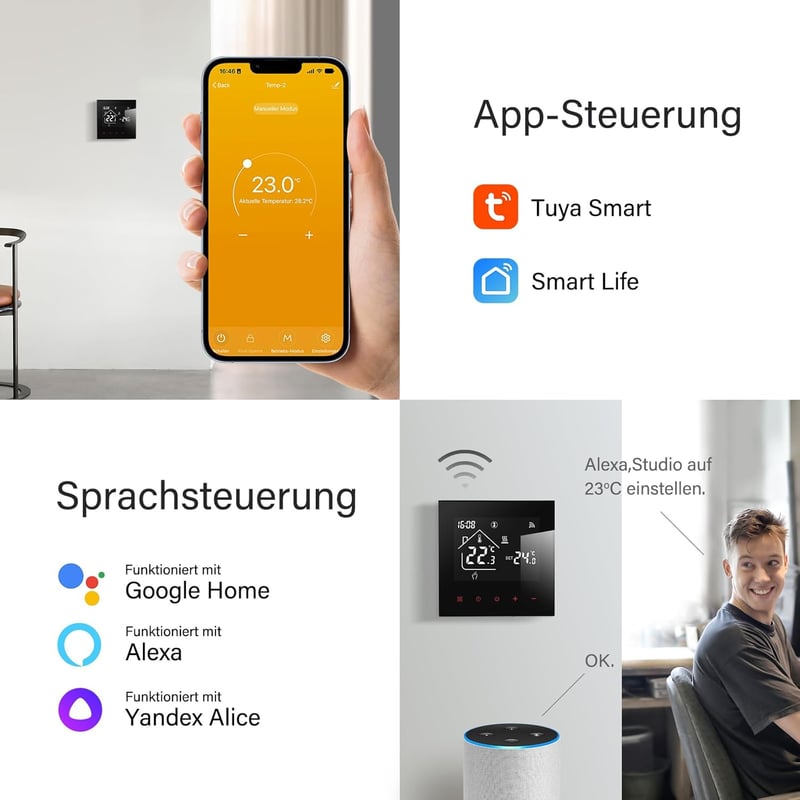 BEOK CONTROLS WiFi Okos Padlófűtés Termosztát - Vízalapú Rendszerekhez, Programozható, Alexa és Google Home Kompatibilis, 3A 230V, Fekete