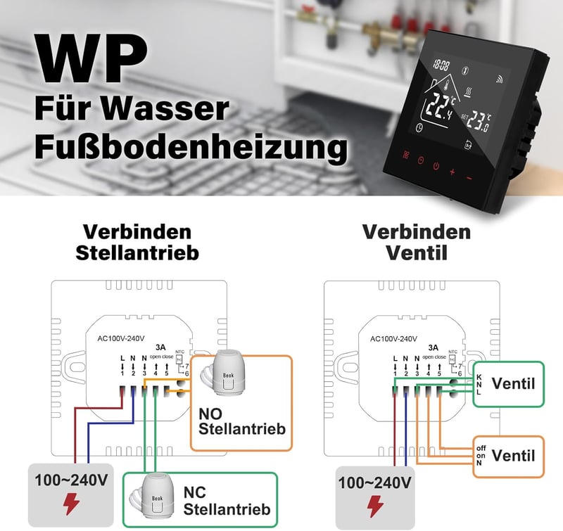 BEOK CONTROLS WiFi Okos Padlófűtés Termosztát - Vízalapú Rendszerekhez, Programozható, Alexa és Google Home Kompatibilis, 3A 230V, Fekete