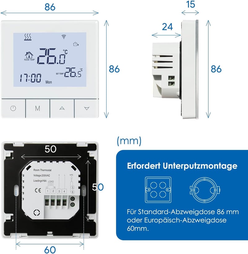 BEOK CONTROLS WiFi Okos Termosztát Padlófűtéshez Programozható Digitális Szobatermosztát 230V Alexa Kompatibilis Fehér