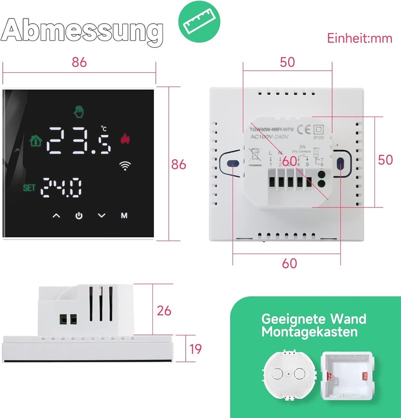 BEOK CONTROLS WiFi Okostermosztát Gáz/Víz Kazánhoz - Programozható, Padlófűtéshez, Alexa és Google Home Kompatibilis, Érintőképernyős, Feket