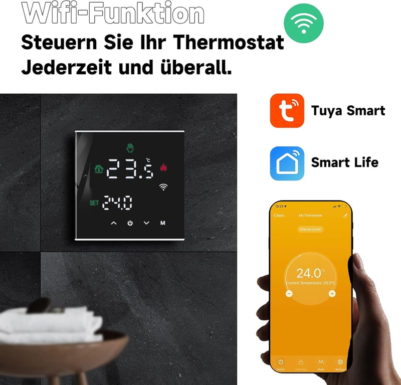 BEOK CONTROLS WiFi Okostermosztát Gáz/Víz Kazánhoz - Programozható, Padlófűtéshez, Alexa és Google Home Kompatibilis, Érintőképernyős, Feket