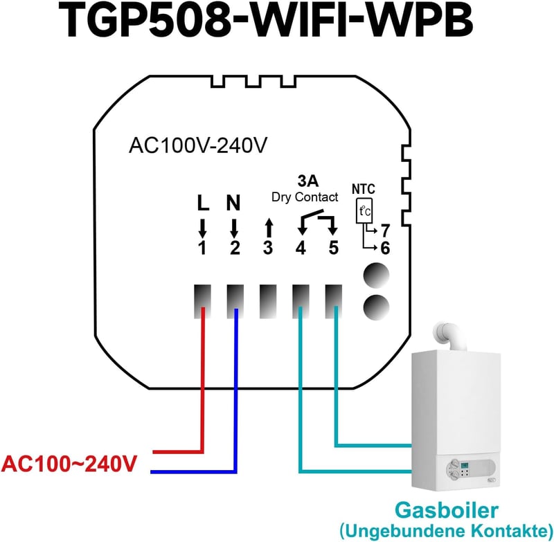 BEOK CONTROLS WiFi Okostermosztát Gázkazánhoz - Digitális Fűtésszabályozó Tuya/Google Home/Alexa Kompatibilitással, Heti Programozással, 3A 