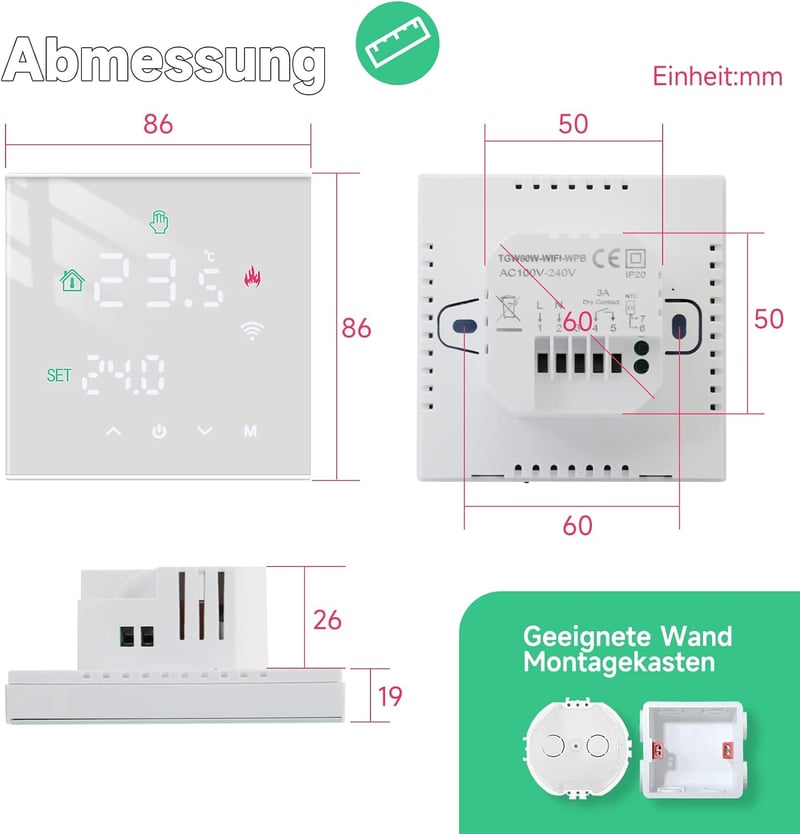 BEOK CONTROLS WiFi Okostermosztát Padlófűtéshez - LCD Kijelzős Programozható Fűtésszabályzó, Alexa és Google Home Kompatibilis, Fehér, TGW60