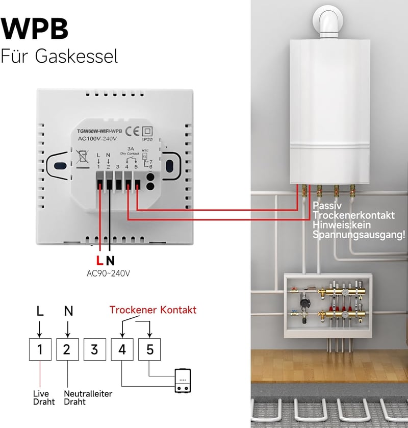 BEOK CONTROLS WiFi Okostermosztát Padlófűtéshez - LCD Kijelzős Programozható Fűtésszabályzó, Alexa és Google Home Kompatibilis, Fehér, TGW60