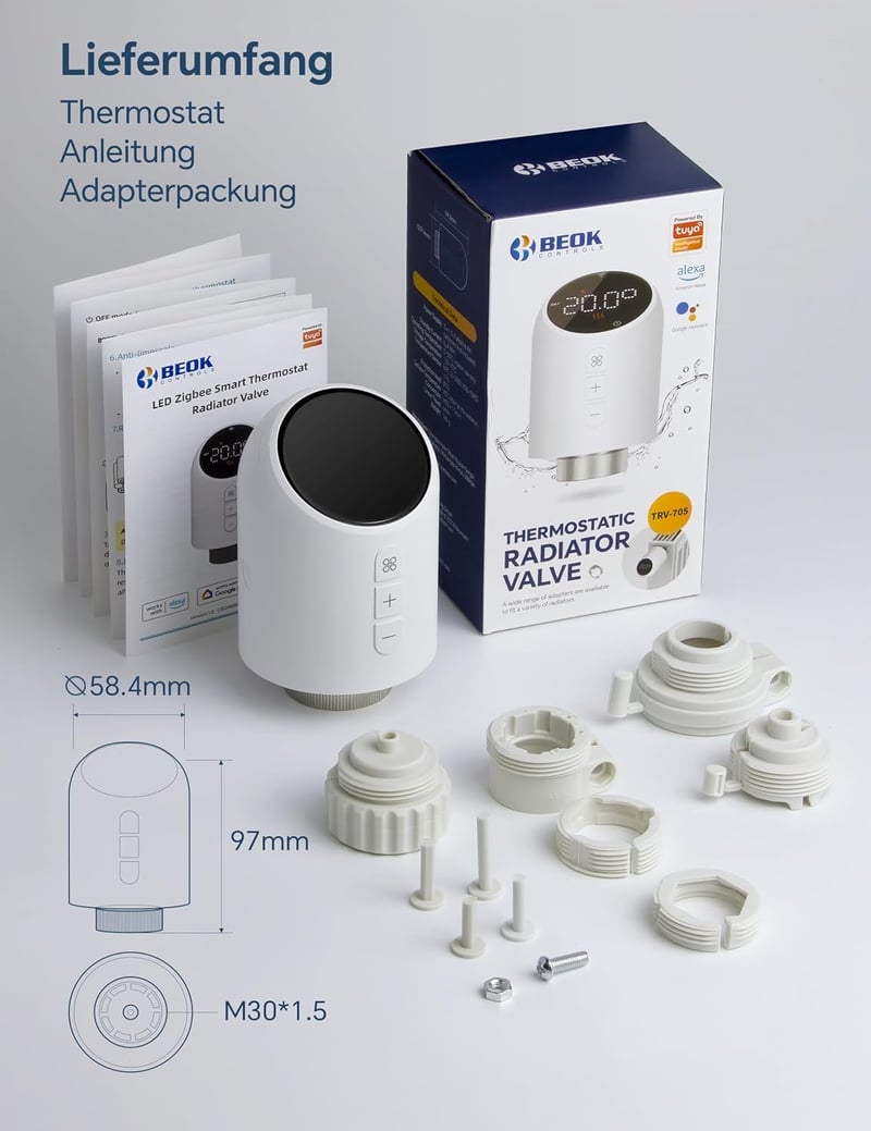 BEOK CONTROLS WiFi Radiátor Termosztát TRV-705 Okos Fűtésvezérlő Digitális Szabályozó Tuya App Google Alexa Kompatibilis