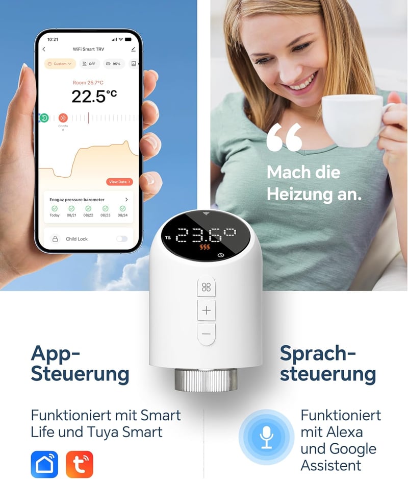 BEOK CONTROLS WiFi Radiátor Termosztát TRV-705 Okos Fűtésvezérlő Digitális Szabályozó Tuya App Google Alexa Kompatibilis