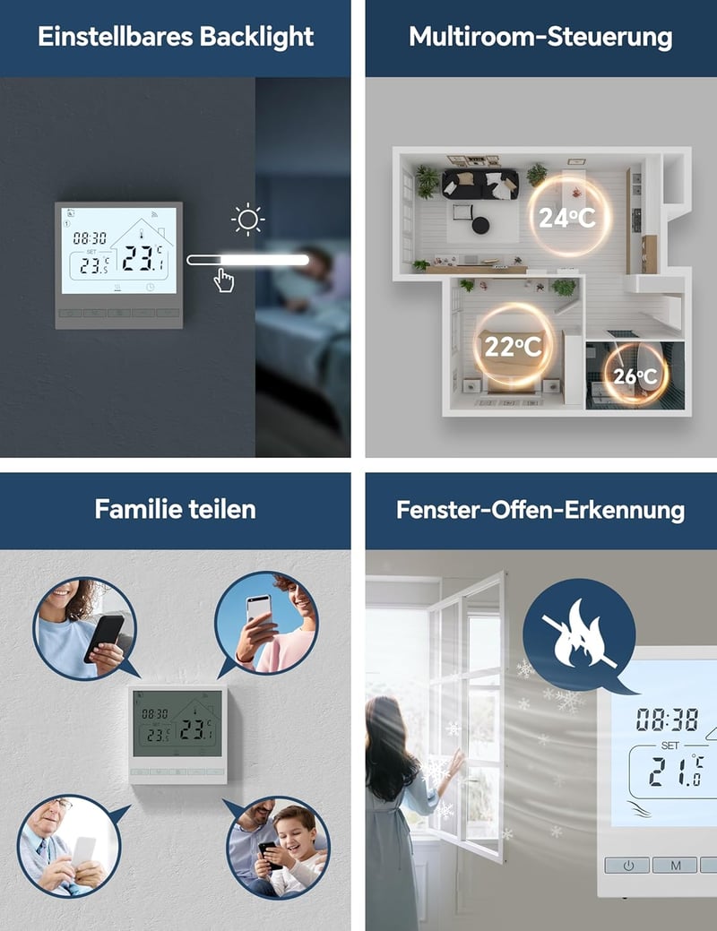 BEOK CONTROLS WiFi Termosztát Elektromos Padlófűtéshez - Okos Szobatermosztát Alexa Google Assistant Kompatibilis Digitális Fűtésszabályozó 