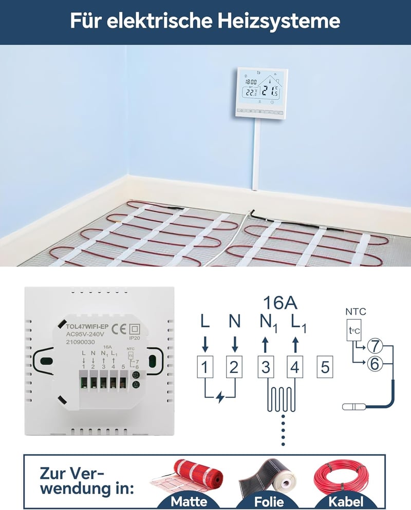 BEOK CONTROLS WiFi Termosztát Elektromos Padlófűtéshez - Okos Szobatermosztát Alexa Google Assistant Kompatibilis Digitális Fűtésszabályozó 