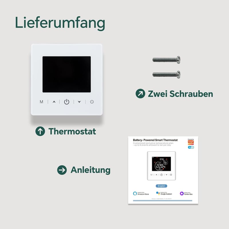 BEOK CONTROLS WiFi Termosztát Gázkazánokhoz - Elemes, 2 Vezetékes, Heti Programozható, TUYA/Smart Life Vezérlés, Google Assistant és Alexa K