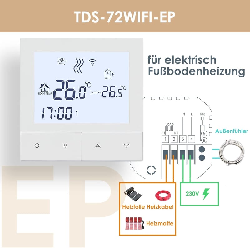 BEOK CONTROLS WiFi Termosztát Padlófűtéshez - Digitális Okos Szobatermosztát Elektromos Fűtéshez, Alexa Google Home Kompatibilis 16A Fehér