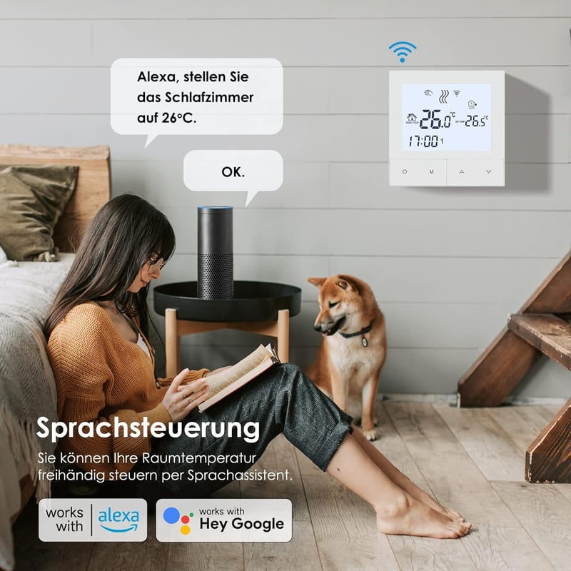Beok TDS72WIFI-WPB Okos WiFi Padlófűtés Termosztát - Vízalapú Padlófűtéshez és Gázkazánhoz, Programozható, Alexa/Google Kompatibilis, Fehér
