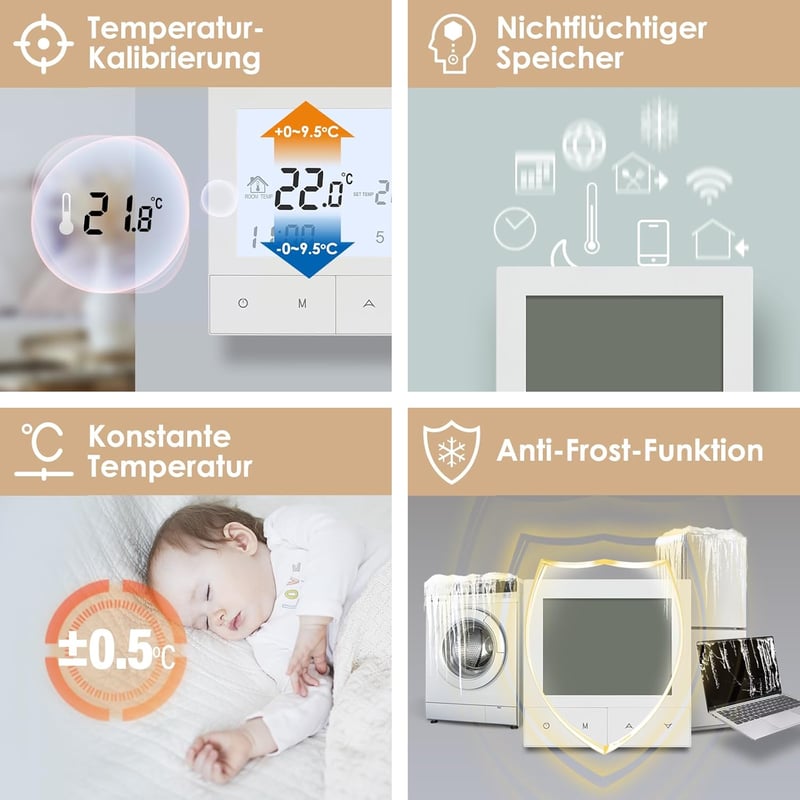 Beok TDS72WIFI-WPB Okos WiFi Padlófűtés Termosztát - Vízalapú Padlófűtéshez és Gázkazánhoz, Programozható, Alexa/Google Kompatibilis, Fehér