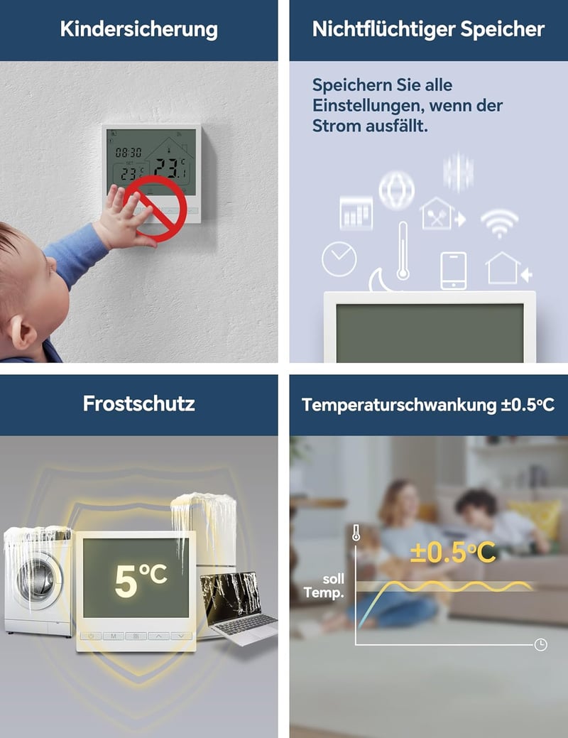 BEOK CONTROLS WiFi Termosztát Elektromos Padlófűtéshez - Okos Szobatermosztát Alexa Google Assistant Kompatibilis Digitális Fűtésszabályozó 