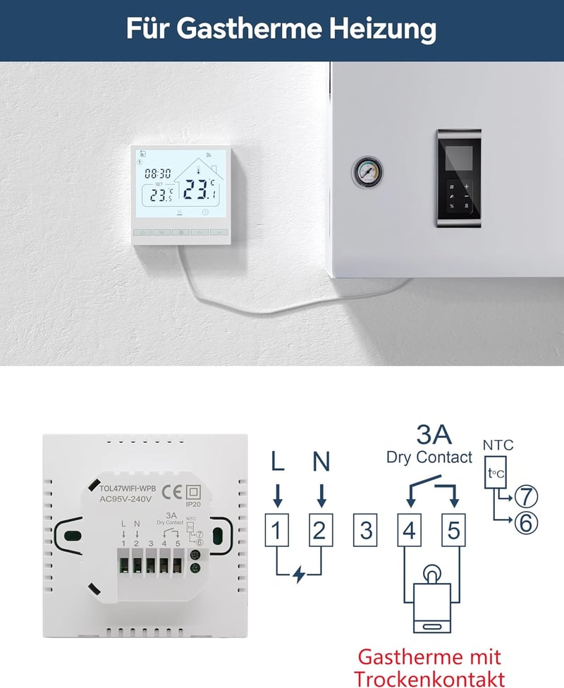 BEOK TOL47WIFI Okos WiFi Termosztát Gáz/Víz Kazánhoz és Padlófűtéshez - Programozható, Alexa és Google Asszisztens Kompatibilis