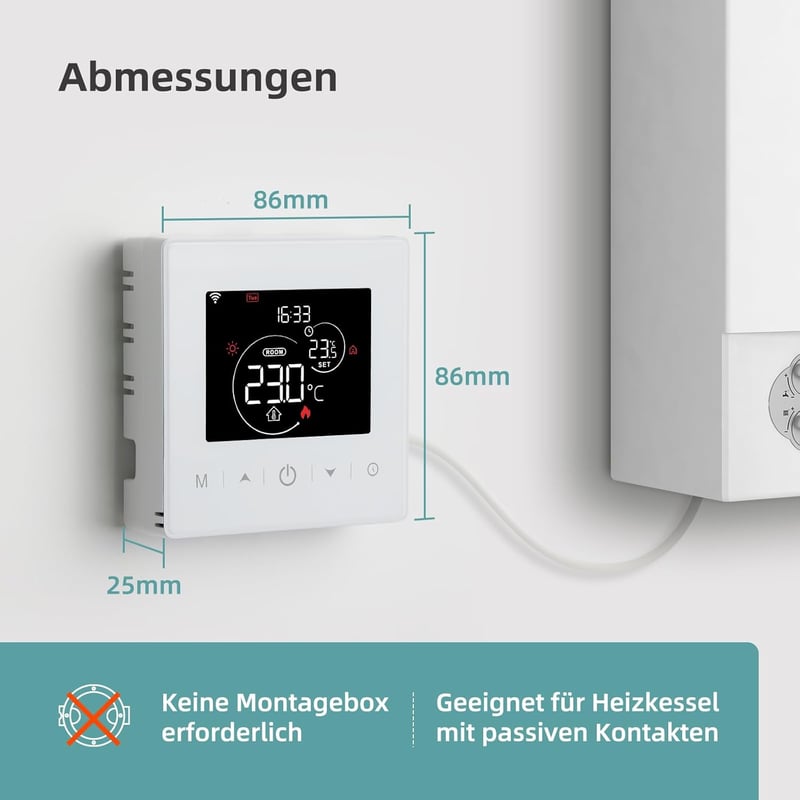 Beok WiFi Okostermosztát Gázkazánhoz - Tuya Applikációval Vezérelhető, LCD Kijelzős, Alexa és Google Asszisztens Kompatibilis, Elemes Működé