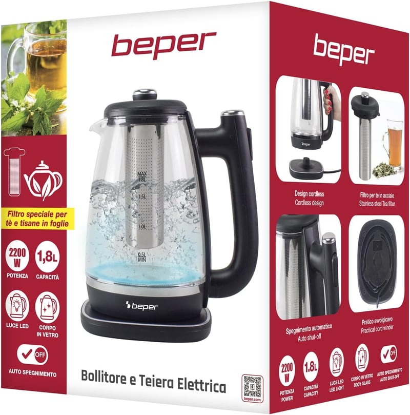 BEPER 1,8L Üveg Vízforraló 2200W Forgatható Talppal és Automatikus Lekapcsolással