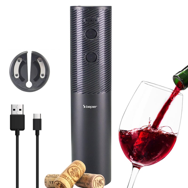 Beper P102ACP103 USB-s Újratölthető Elektromos Dugóhúzó Fóliaváróval, Bor Üvegnyitó Természetes és Szintetikus Parafadugóhoz