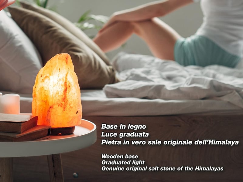 Lampă de sare BEPER cu bază din lemn și intensitate reglabilă, sculptată manual