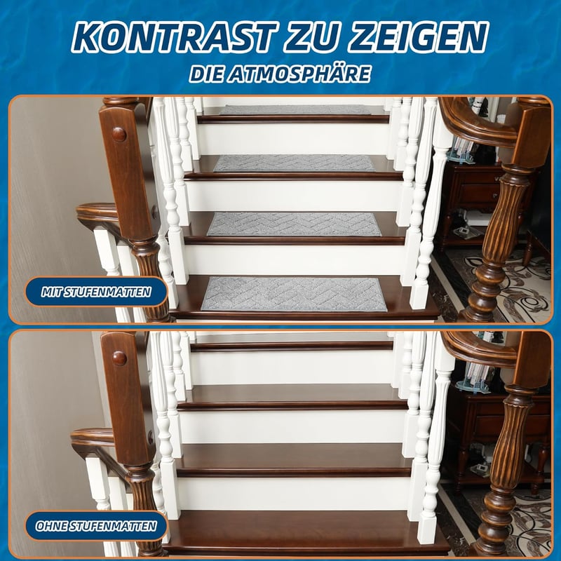 BEQHAUSE Csúszásmentes Lépcsőszőnyeg 22x70cm Gumis Háttal, 15db Szett