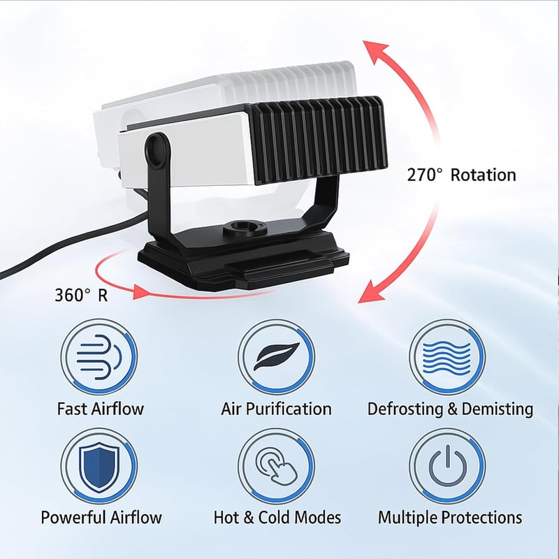 Berelin 12V 150W autófűtő és hűtőventilátor 360° forgatható talppal