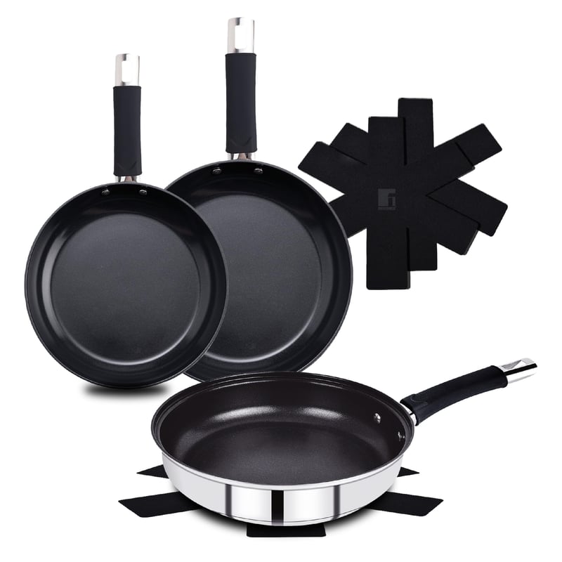 Set 6 piese tigăi din oțel inoxidabil Bergner Baster 20 + 24 + 28 cm cu mâner tubular, înveliș antiaderent, mâner din silicon, inducție