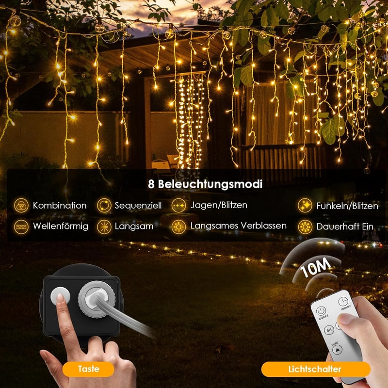 BESCOST 10m 400 LED-es jégcsap fényfüzér távirányítóval, vízálló, 8 üzemmód