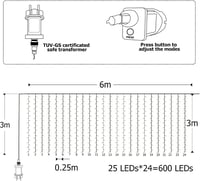 BESCOST 600 LED-es Függönylámpa 6x3m Kültéri Meleg Fehér 8 Üzemmód 2