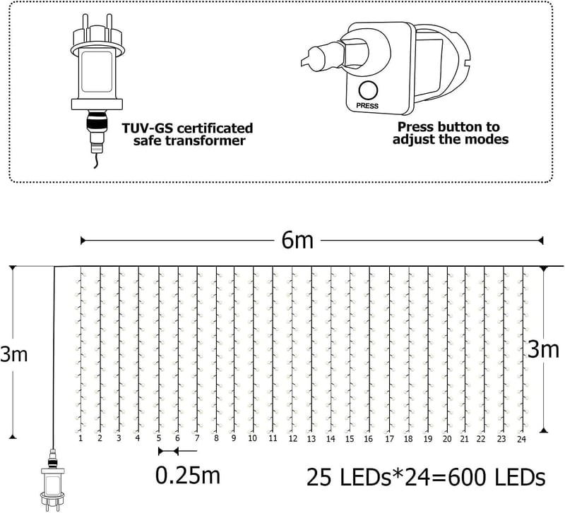 BESCOST 600 LED-es Függönylámpa 6x3m Kültéri Meleg Fehér 8 Üzemmód
