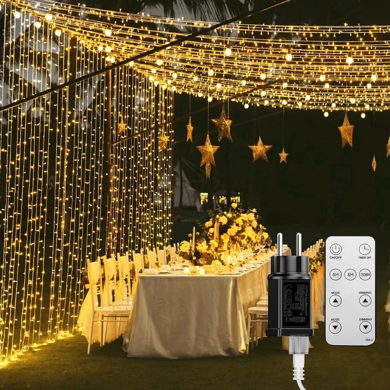 BESCOST 600 LED-es Függönylámpa 6x3m Kültéri Meleg Fehér 8 Üzemmód